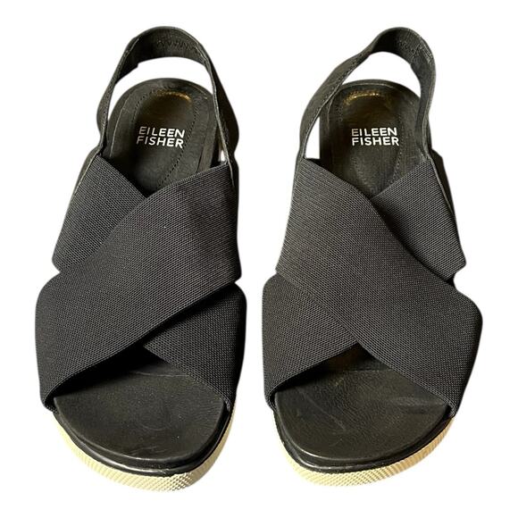 Eileen Fisher‎ Platform Sandals Womens 6 Good Crisscross Black Nubuck Leather - Picture 2 of 8